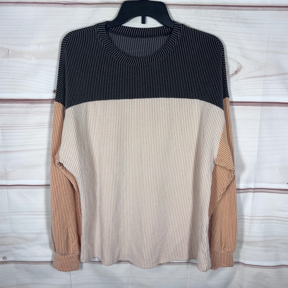 Ivicoer Top Women Medium Multicolor Colorblock Ribbed Waffle Knit Long Sleeve
